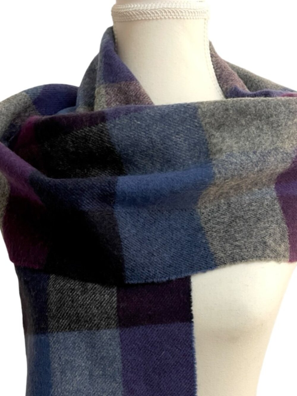 Morley 100% Lambswool Plaid Scarf | Made in Scotland | Plum Grey Blue